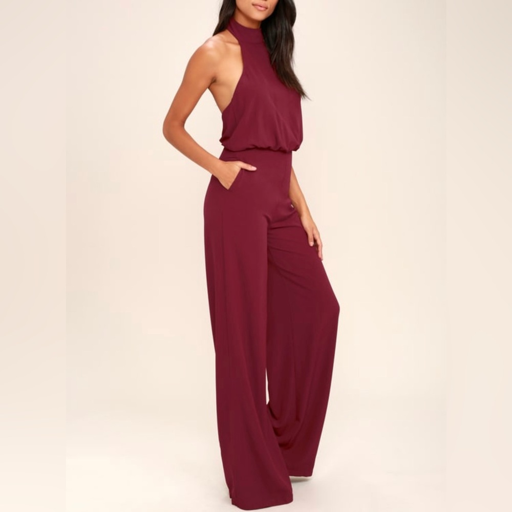 Red Wine Halter open back jumpsuit by Lulus. Size SM